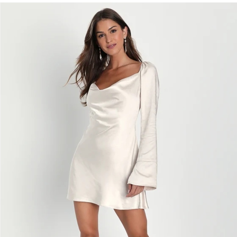 Sensational Fate Champagne Satin Cowl Neck Mini Dress